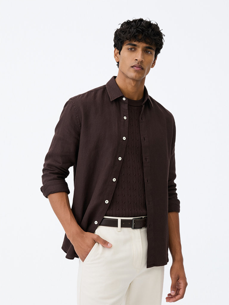 Ascot Dark Brown Solid Relaxed-Fit Linen Shirt
