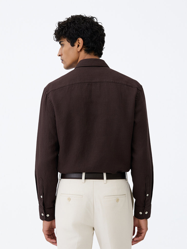 Ascot Dark Brown Solid Relaxed-Fit Linen Shirt