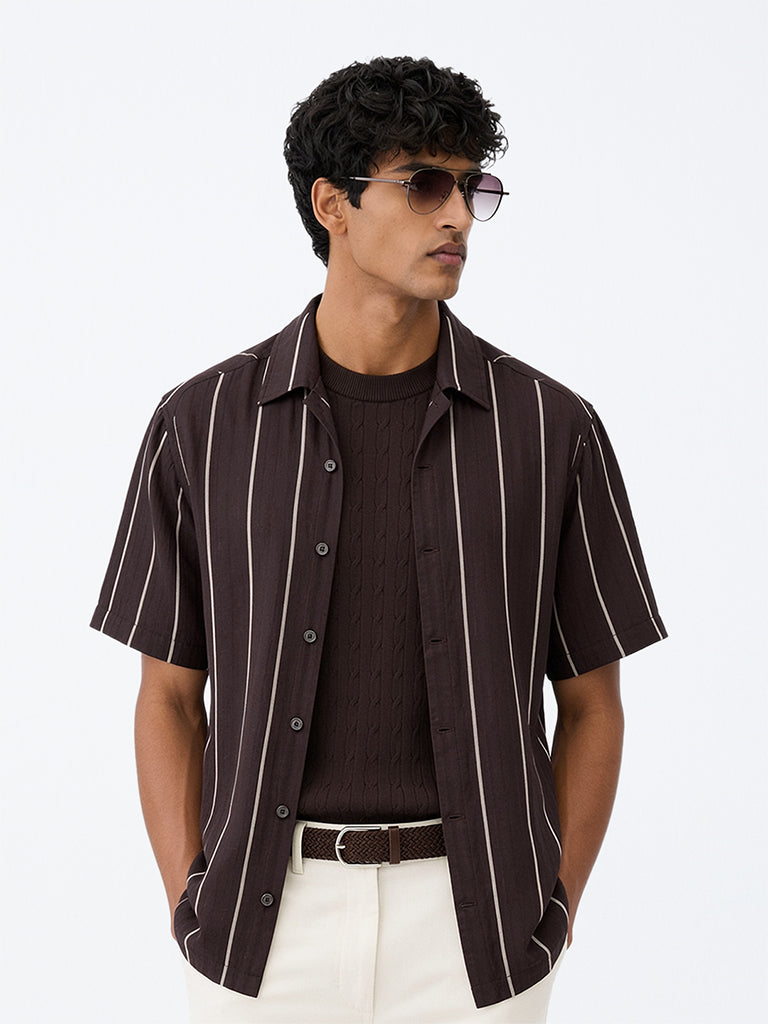 Ascot Dark Brown Striped Relaxed-Fit Linen Shirt