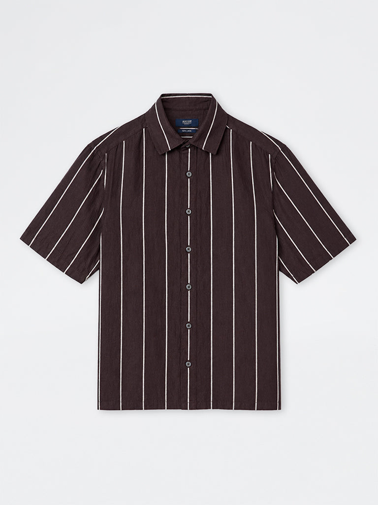 Ascot Dark Brown Striped Relaxed-Fit Linen Shirt