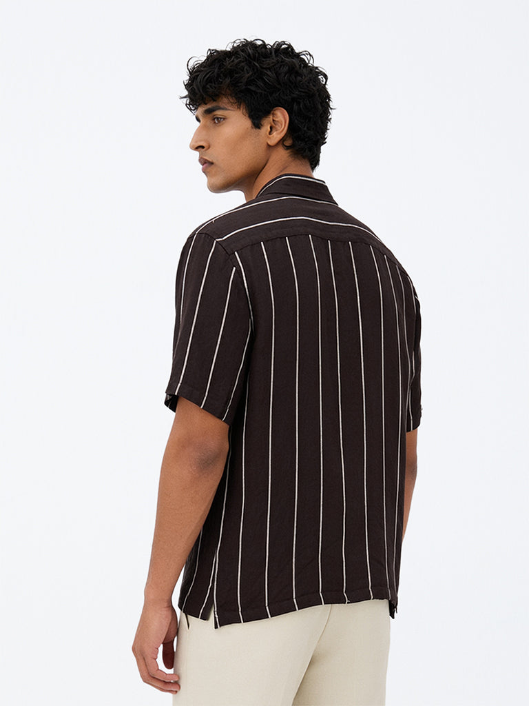 Ascot Dark Brown Striped Relaxed-Fit Linen Shirt