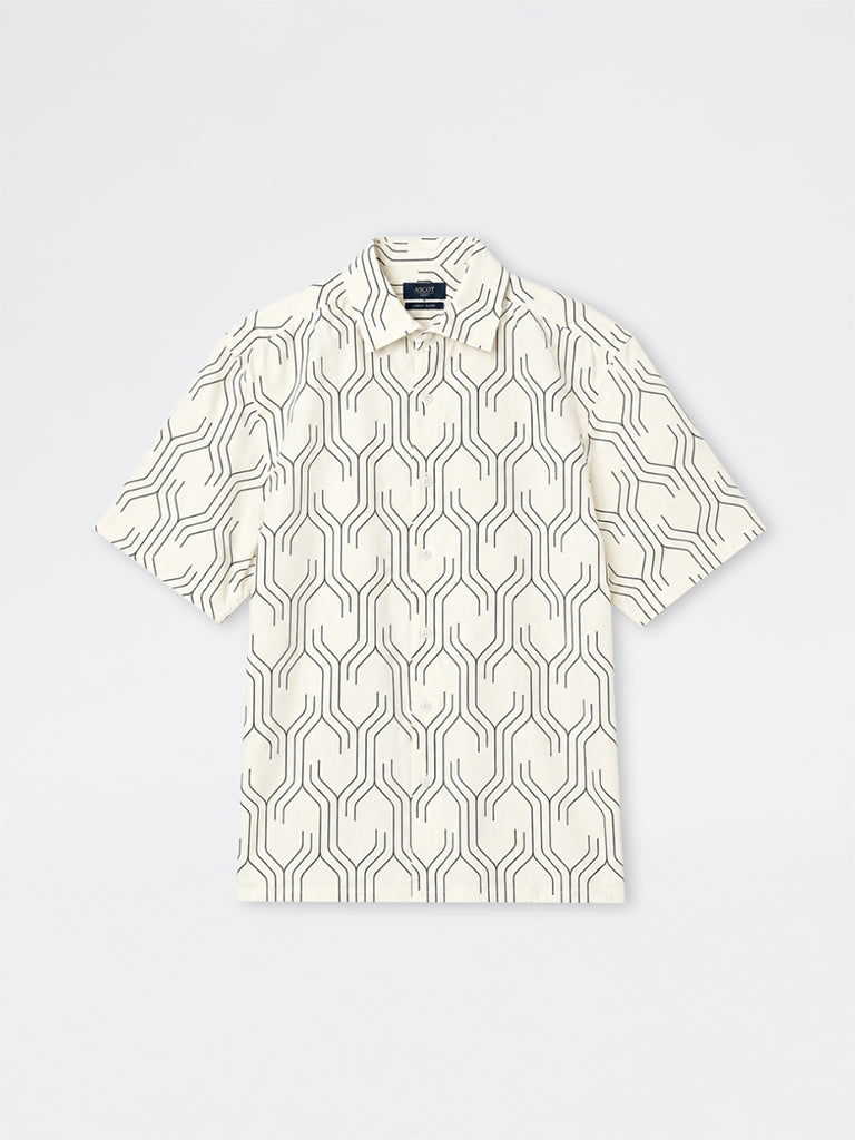 Ascot Off-White Geometric Pattern Relaxed-Fit Linen-Blend Shirt
