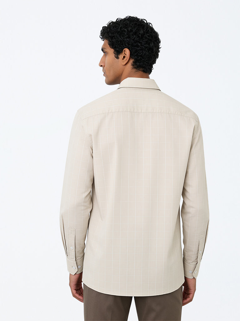 WES Formals Light Beige Checkered Relaxed-Fit Cotton Shirt