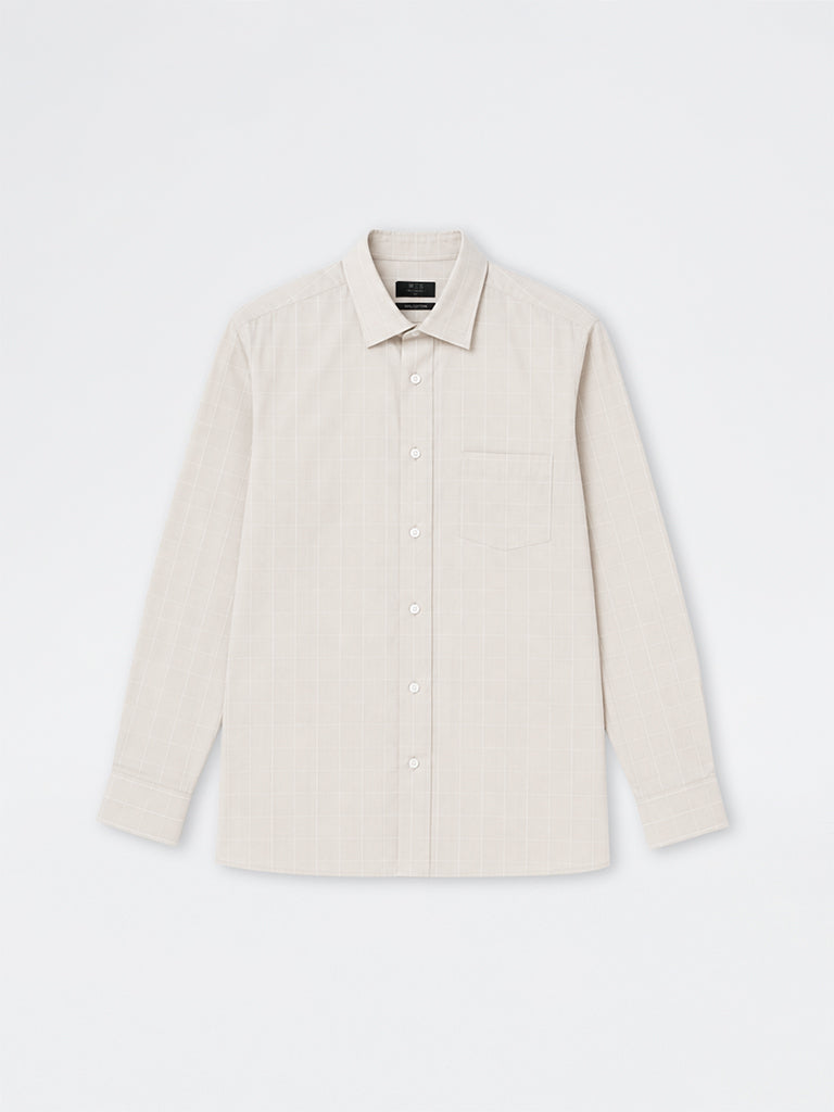WES Formals Light Beige Checkered Relaxed-Fit Cotton Shirt