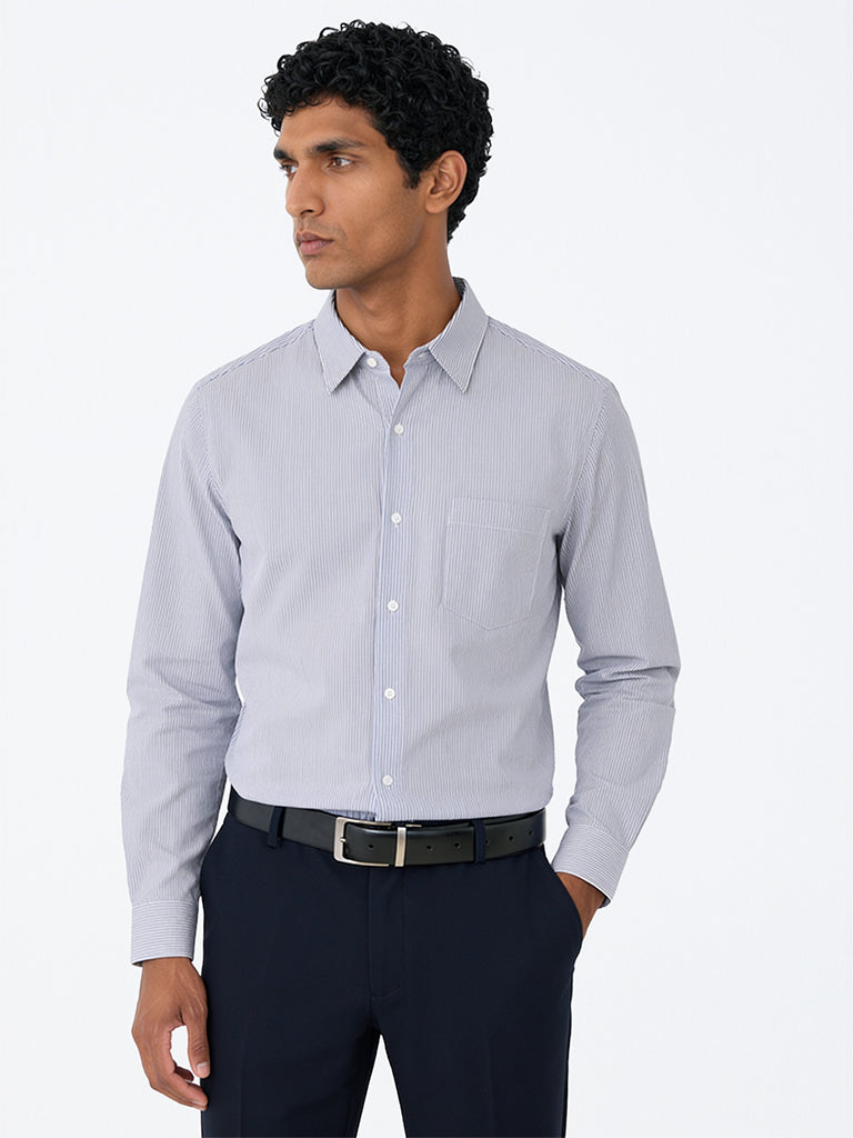 Wes Formals Grey Striped Slim-Fit Cotton Shirt