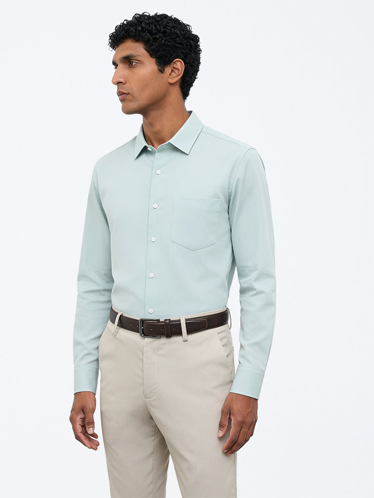 WES Formals Mint Solid Slim-Fit Cotton Shirt