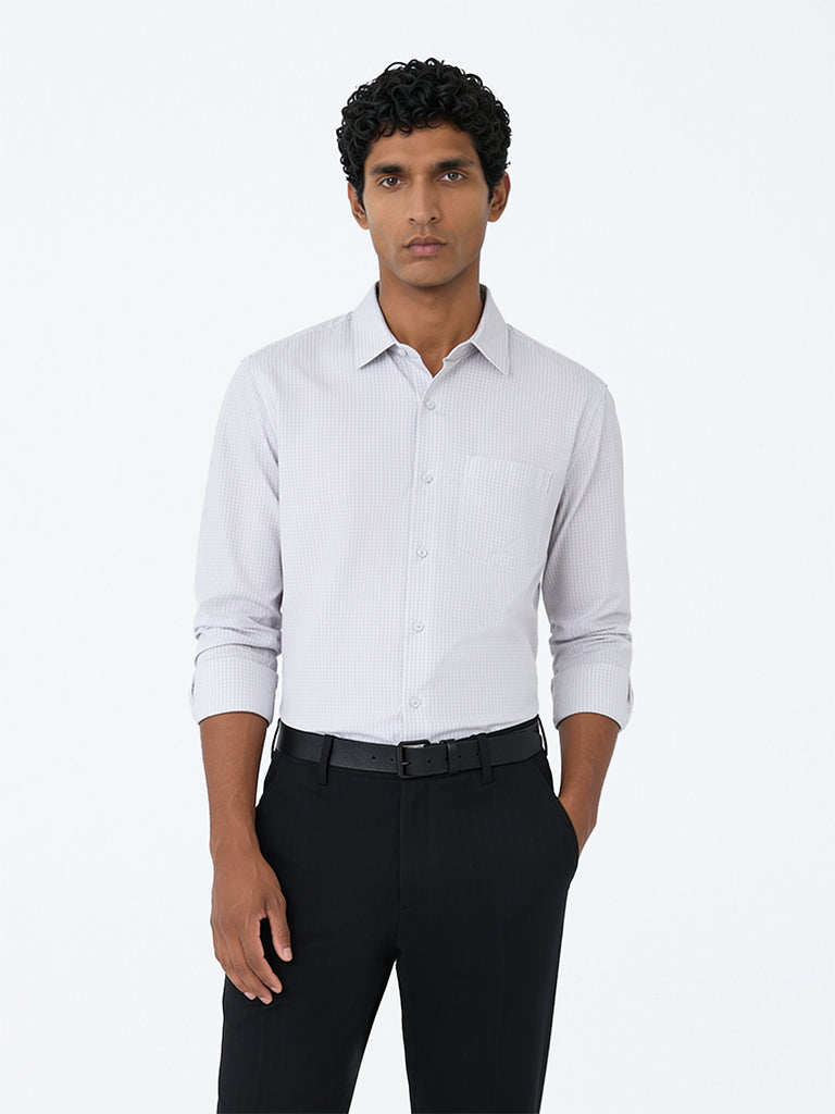 WES Formals Grey Checkered Slim-Fit Cotton Shirt