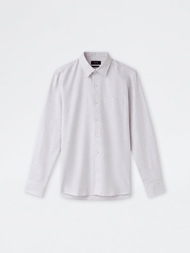 WES Formals Grey Checkered Slim-Fit Cotton Shirt