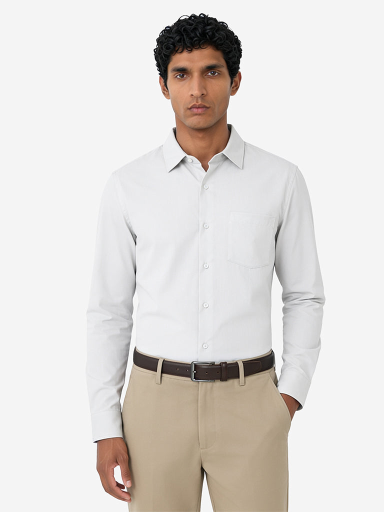WES Formals Grey Solid Slim-Fit Cotton Shirt