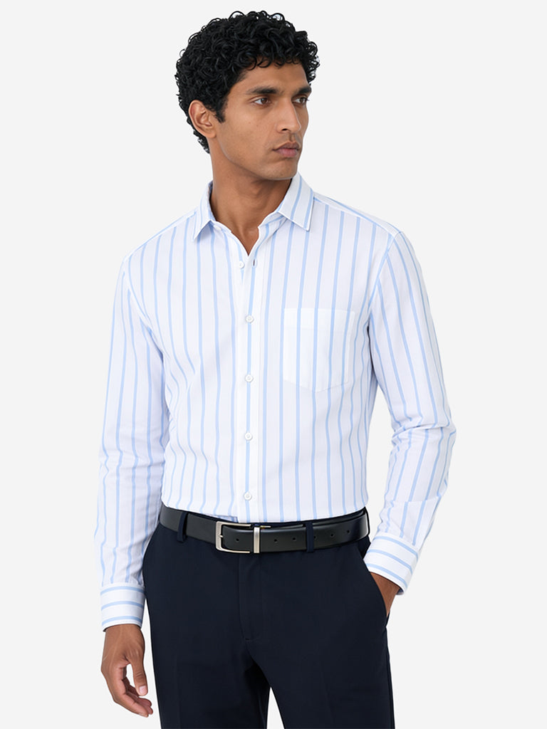 WES Formals Light Blue Striped Slim-Fit Cotton Shirt