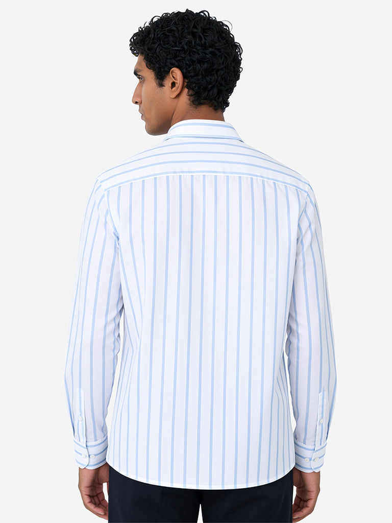 WES Formals Light Blue Striped Slim-Fit Cotton Shirt
