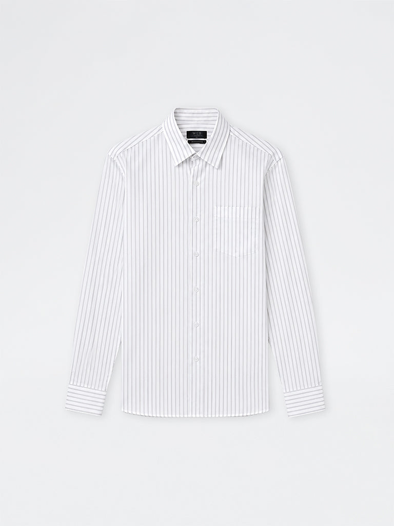WES Formals White Striped Slim-Fit Cotton Shirt