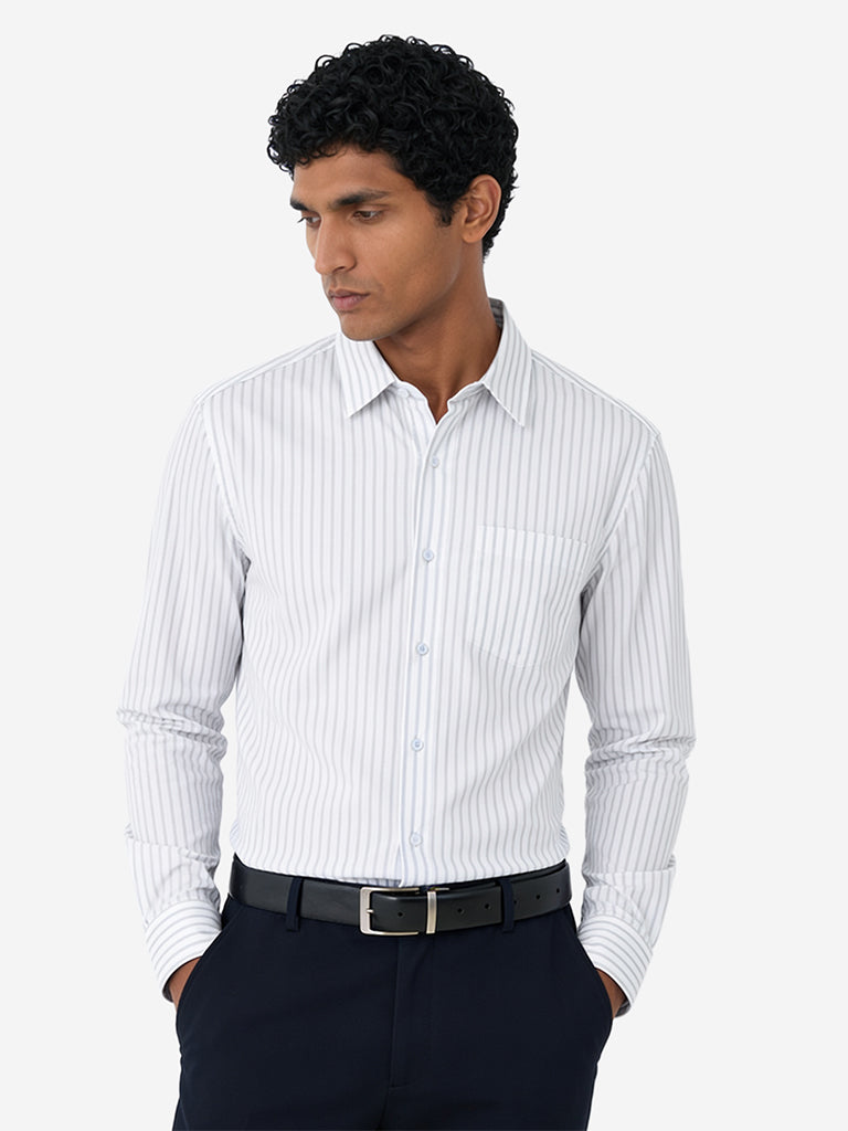 WES Formals White Striped Slim-Fit Cotton Shirt