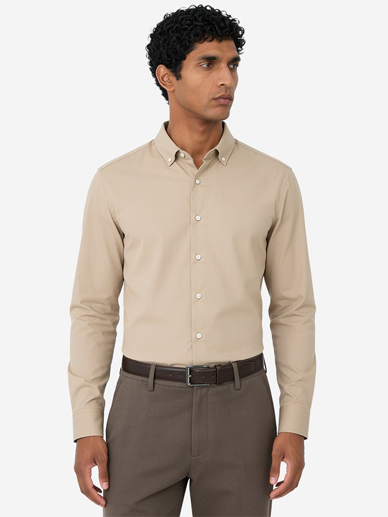 WES Formals Light Beige Slim-Fit Cotton-Blend Shirt