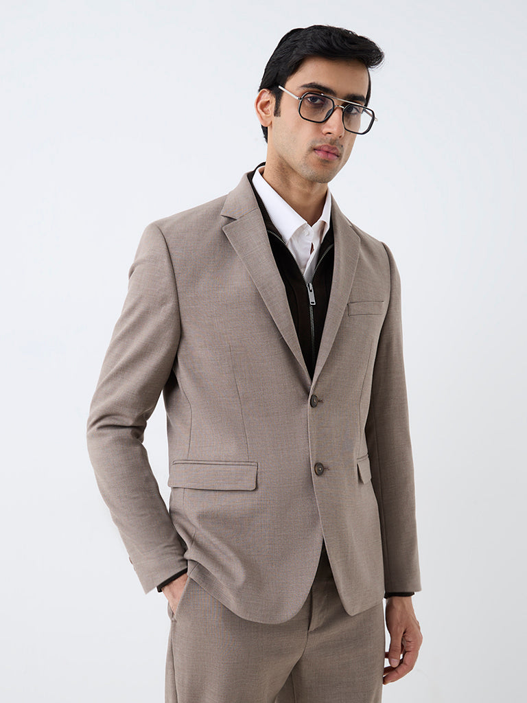 WES Formals Taupe Solid Slim-Fit Blazer