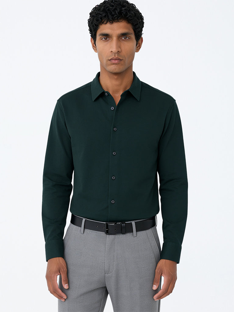 WES Formals Dark Green Slim-Fit Cotton-Blend Shirt