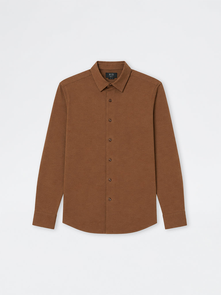 WES Formals Tan Solid Slim-Fit Cotton-Blend Shirt