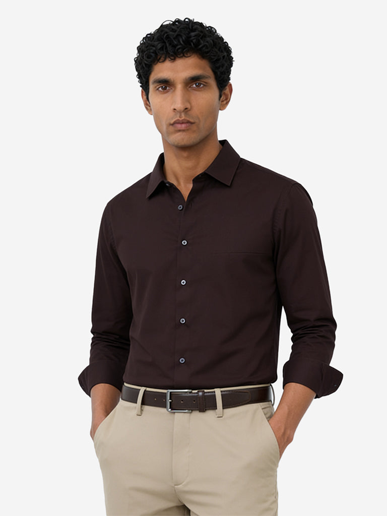 WES Formals Dark Brown Solid Slim-Fit Shirt