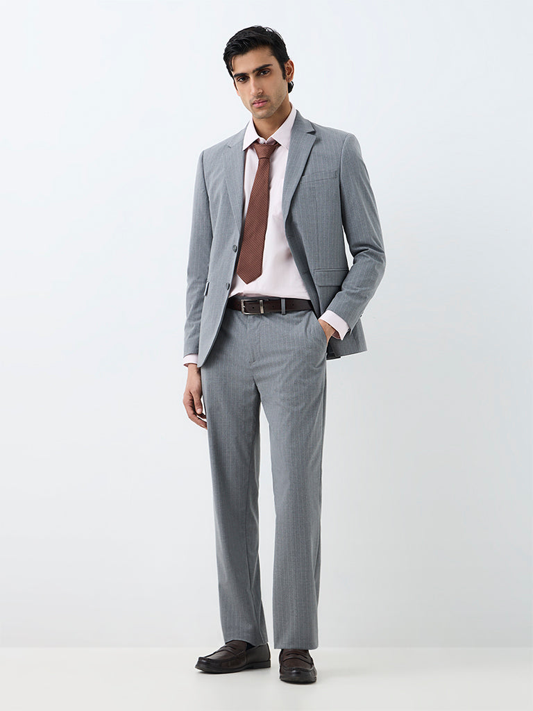 WES Formals Grey Pinstripe Printed Relaxed-Fit Trousers