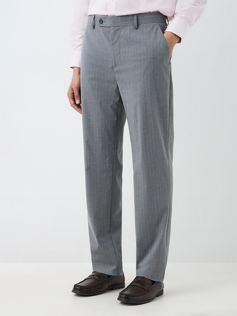 WES Formals Grey Pinstripe Printed Relaxed-Fit Trousers