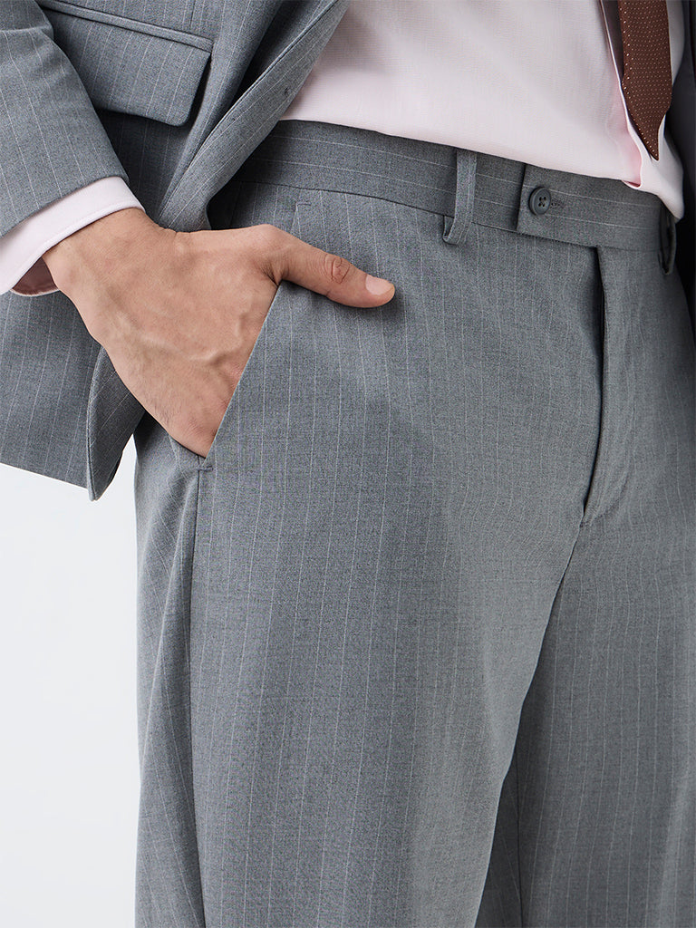 WES Formals Grey Pinstripe Printed Relaxed-Fit Trousers