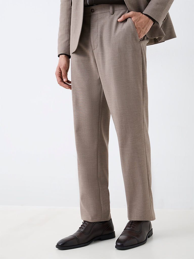 WES Formals Taupe Solid Relaxed-Fit Mid-Rise Trousers