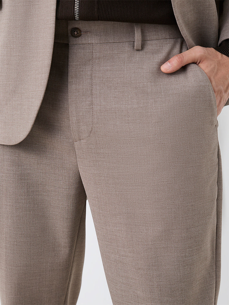 WES Formals Taupe Solid Relaxed-Fit Mid-Rise Trousers