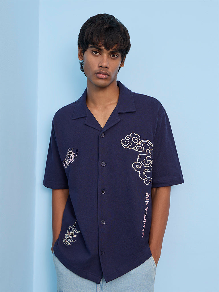 Nuon Navy Embroidered Relaxed-Fit Cotton Shirt