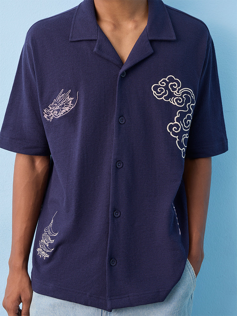 Nuon Navy Embroidered Relaxed-Fit Cotton Shirt