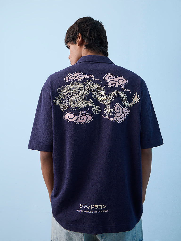 Nuon Navy Embroidered Relaxed-Fit Cotton Shirt