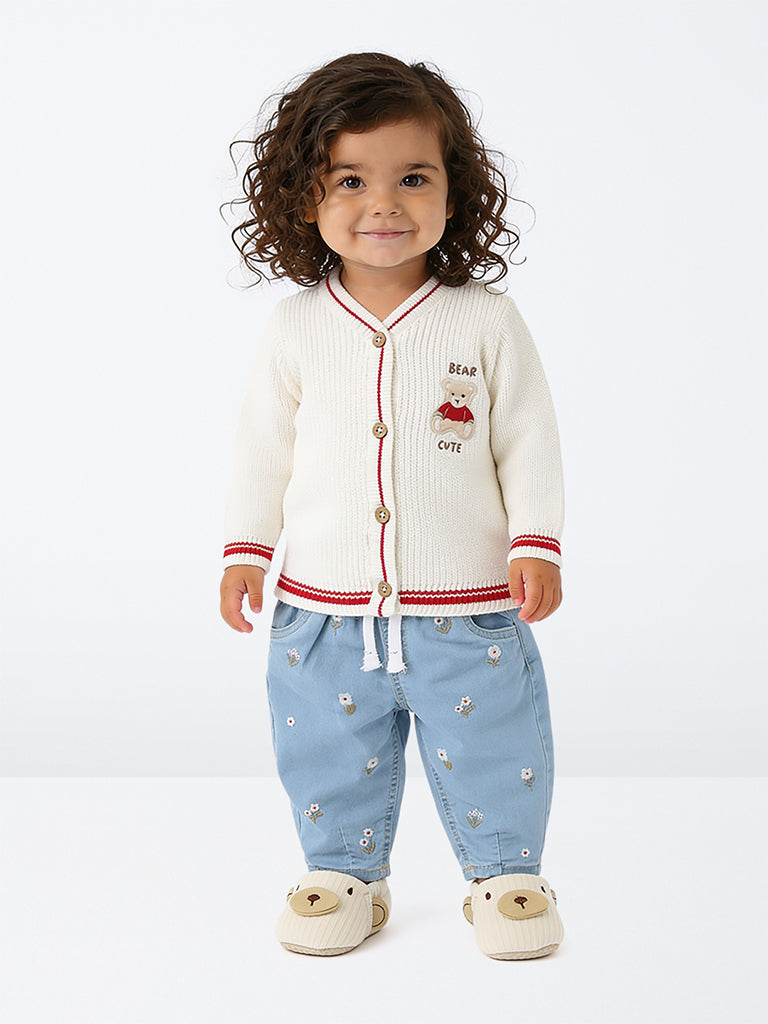 HOP Baby Girls Light Blue Floral Embroidered High-Rise Jeans