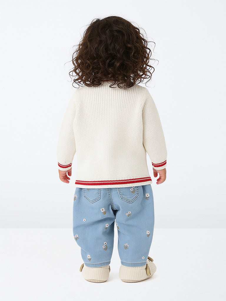 HOP Baby Girls Light Blue Floral Embroidered High-Rise Jeans