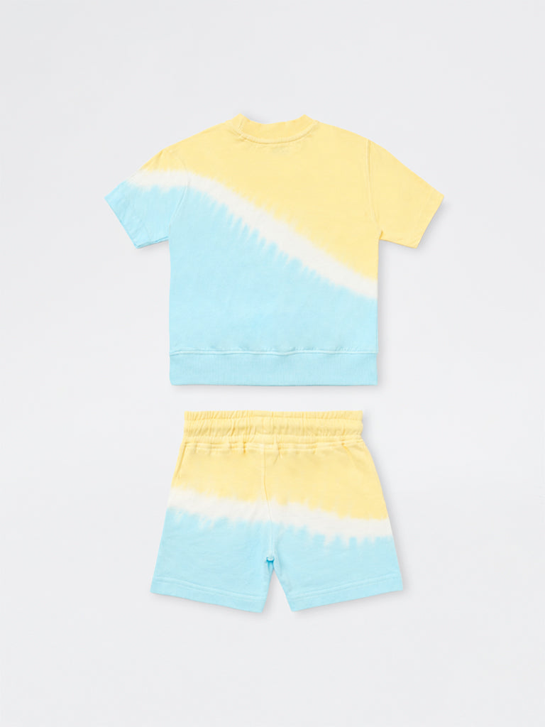 HOP Kids Boys Yellow and Blue Tie-Dye Cotton T-Shirt and Shorts Set