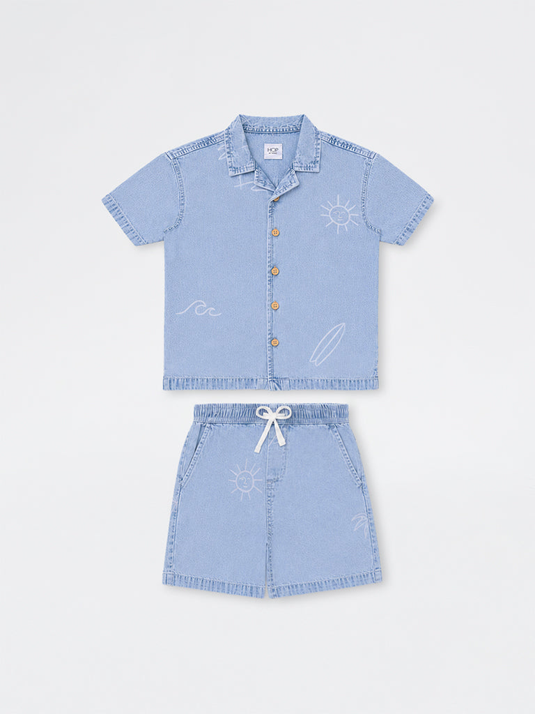 HOP Kids Boys Blue Denim Shirt and Shorts Set