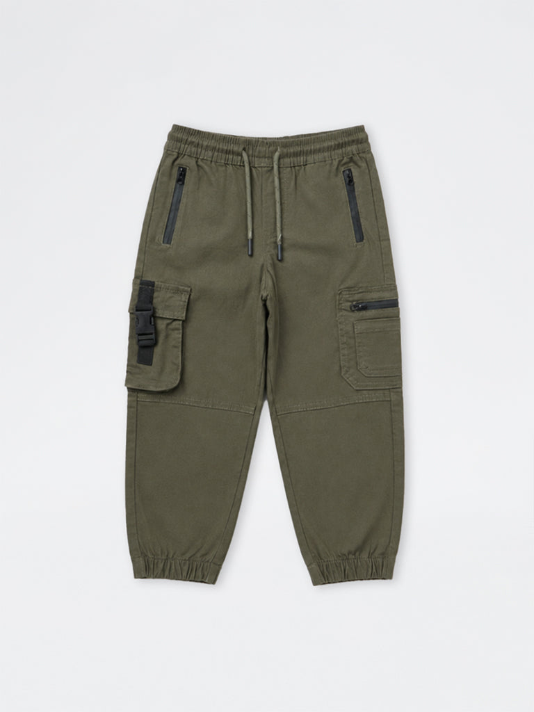 HOP Kids Boys Dark Olive Mid-Rise Cotton Cargo Joggers