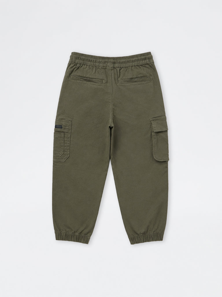 HOP Kids Boys Dark Olive Mid-Rise Cotton Cargo Joggers