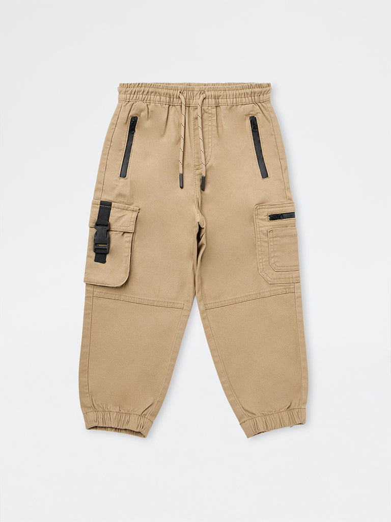 HOP Kids Boys Taupe Cargo-Style Mid-Rise Cotton-Blend Joggers