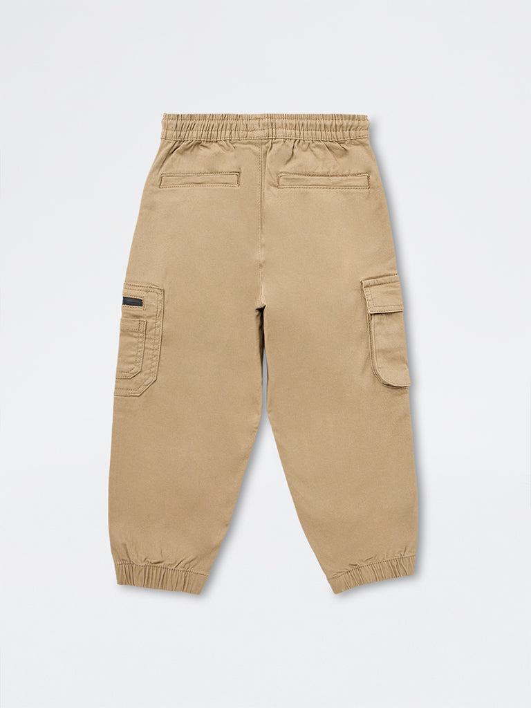 HOP Kids Boys Taupe Cargo-Style Mid-Rise Cotton-Blend Joggers