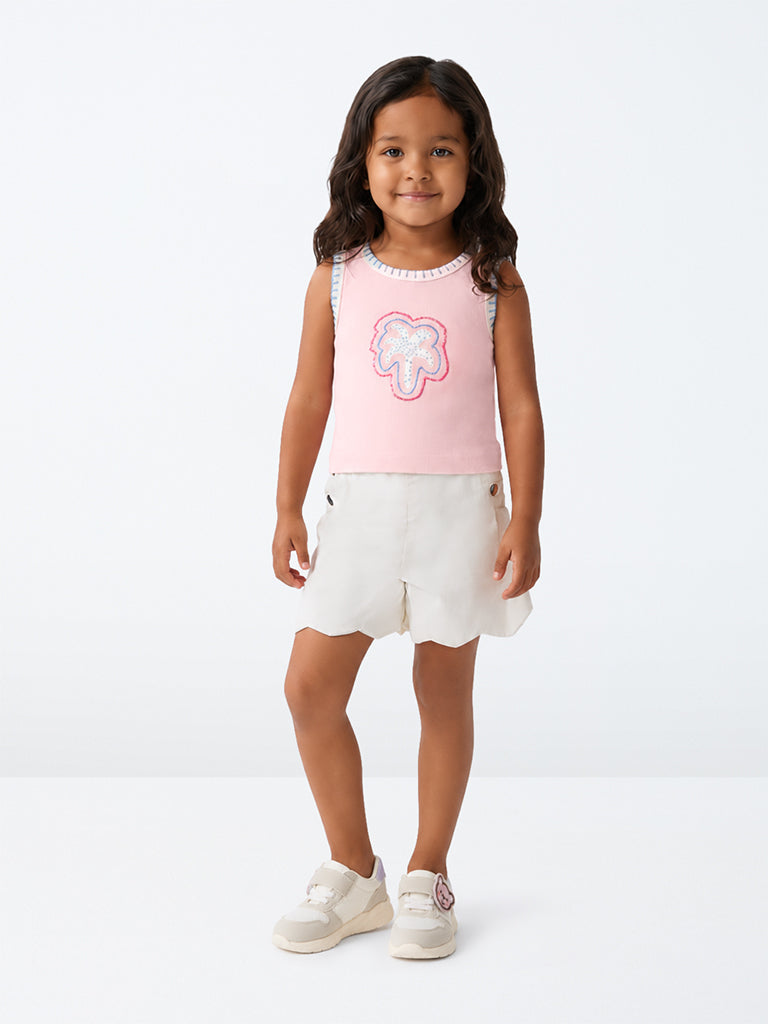 HOP Kids Girls White Scalloped High-Rise Cotton Shorts