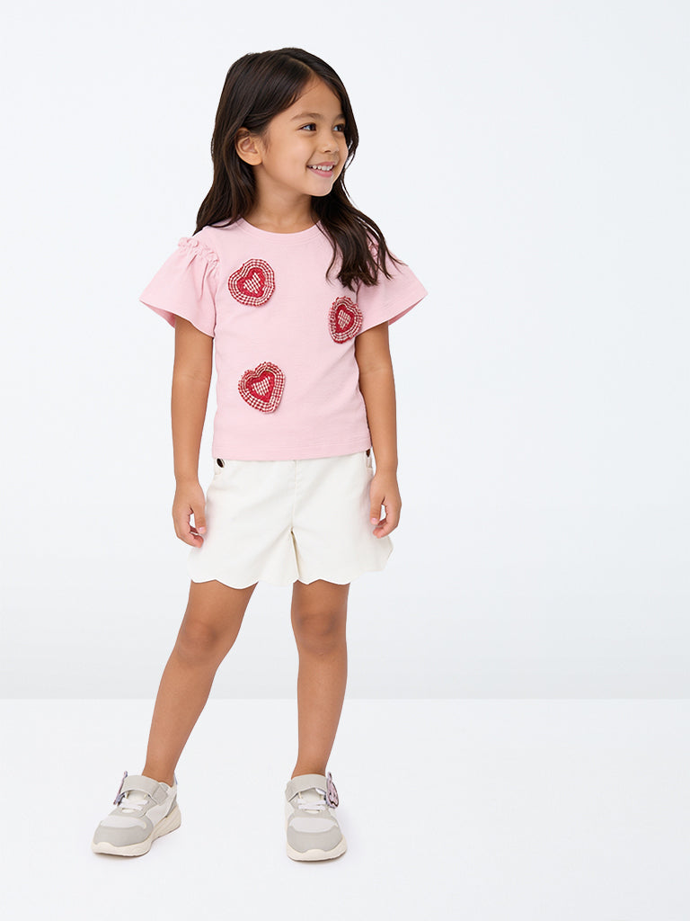 HOP Kids Girls White Scalloped High-Rise Cotton Shorts