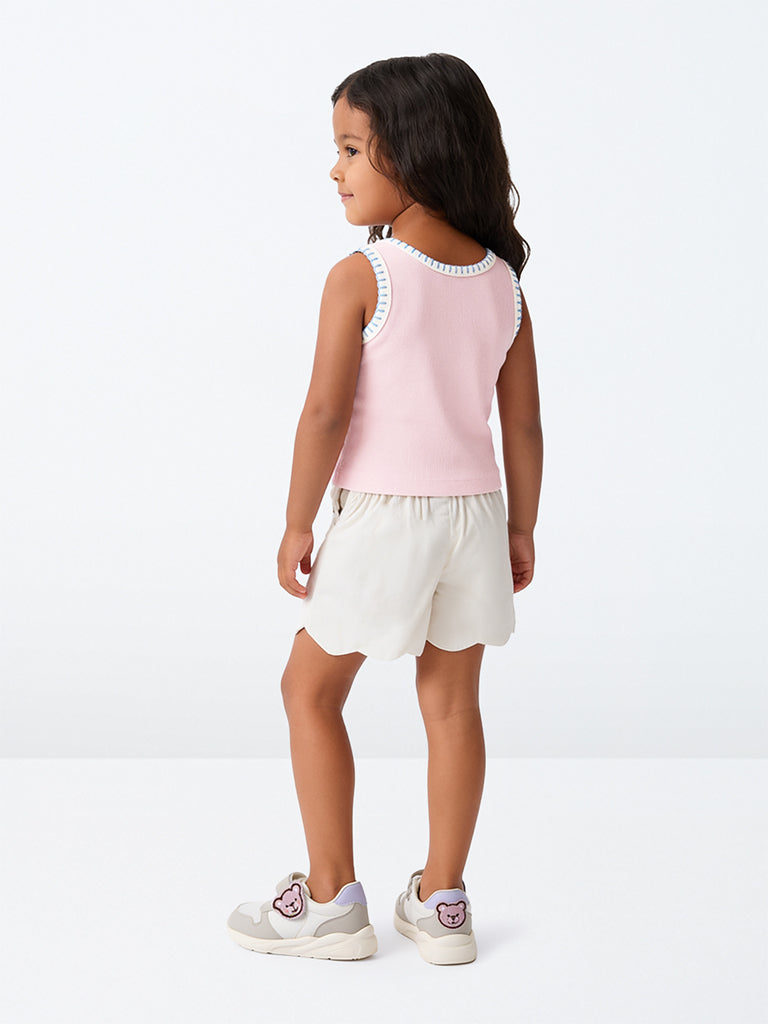 HOP Kids Girls White Scalloped High-Rise Cotton Shorts