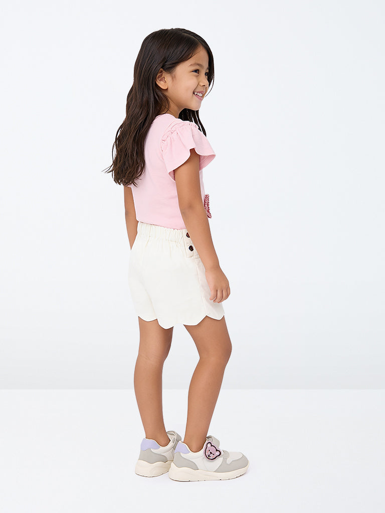 HOP Kids Girls White Scalloped High-Rise Cotton Shorts
