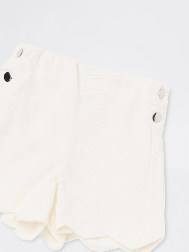 HOP Kids Girls White Scalloped High-Rise Cotton Shorts