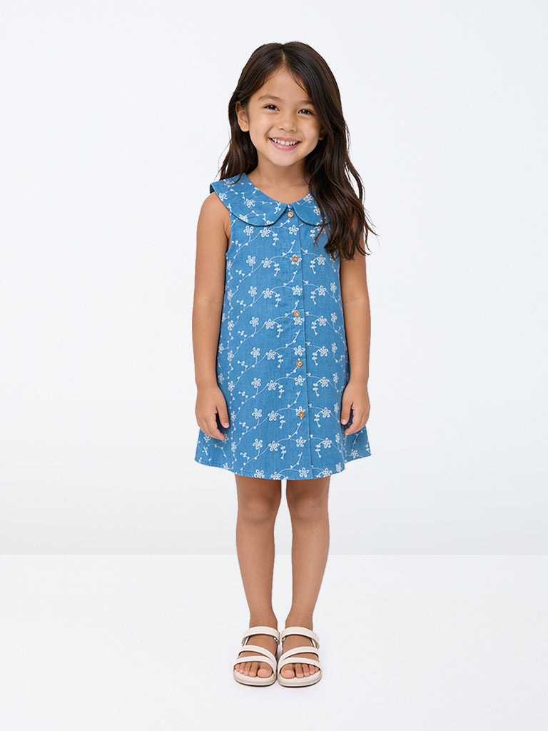 HOP Kids Girls Blue Floral Embroidered A-Line Cotton Dress