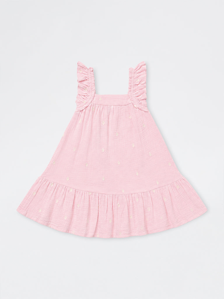 HOP Kids Girls Pink Solid Cotton A-Line Dress