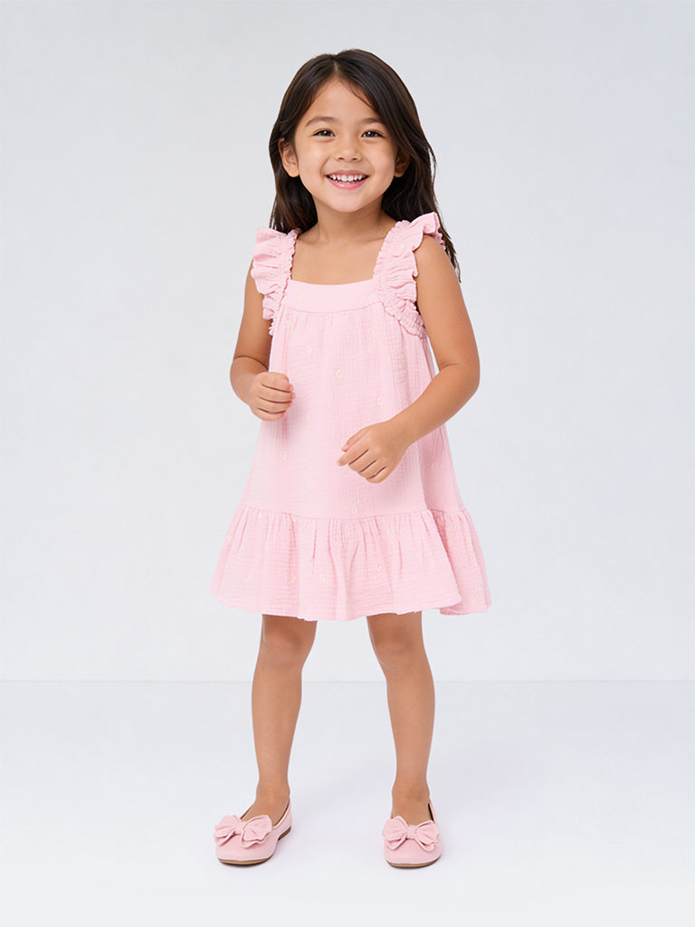 HOP Kids Girls Pink Solid Cotton A-Line Dress