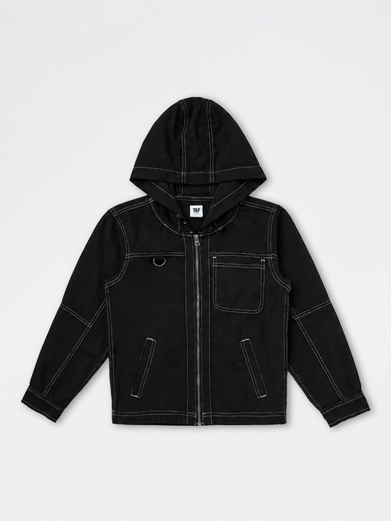 Boys Black Solid Denim Hooded Jacket
