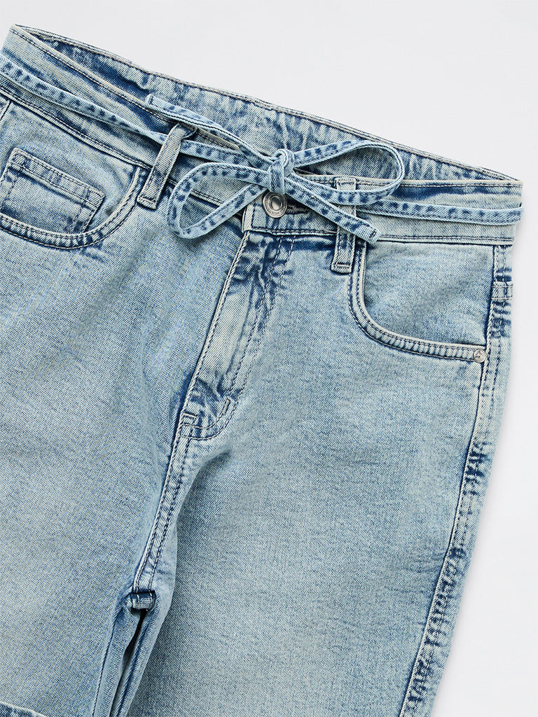 Girls Blue Faded High-Rise Bootcut Jeans with Belt