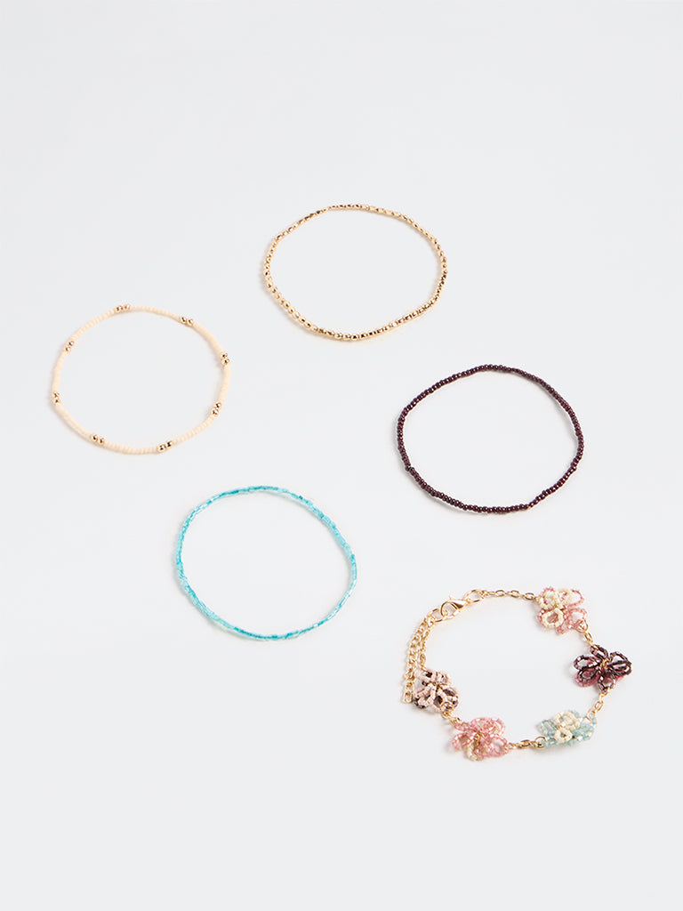Westside Accessories Multicolour Floral Beaded Stack Bracelets - Pack of 5