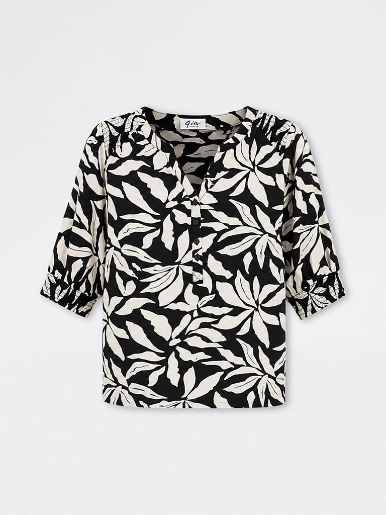 Gia Black and White Botanical Printed Blouse